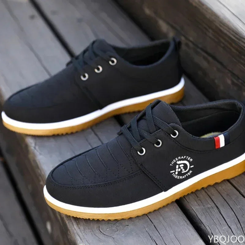 Black casual walking shoes for men with white soles and lace-up design from AliExpress
