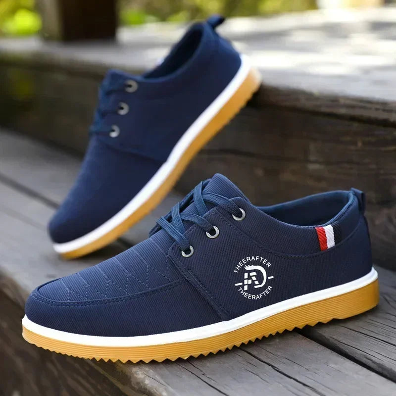 AliExpress casual walking shoes for men in navy blue with white and tan rubber sole