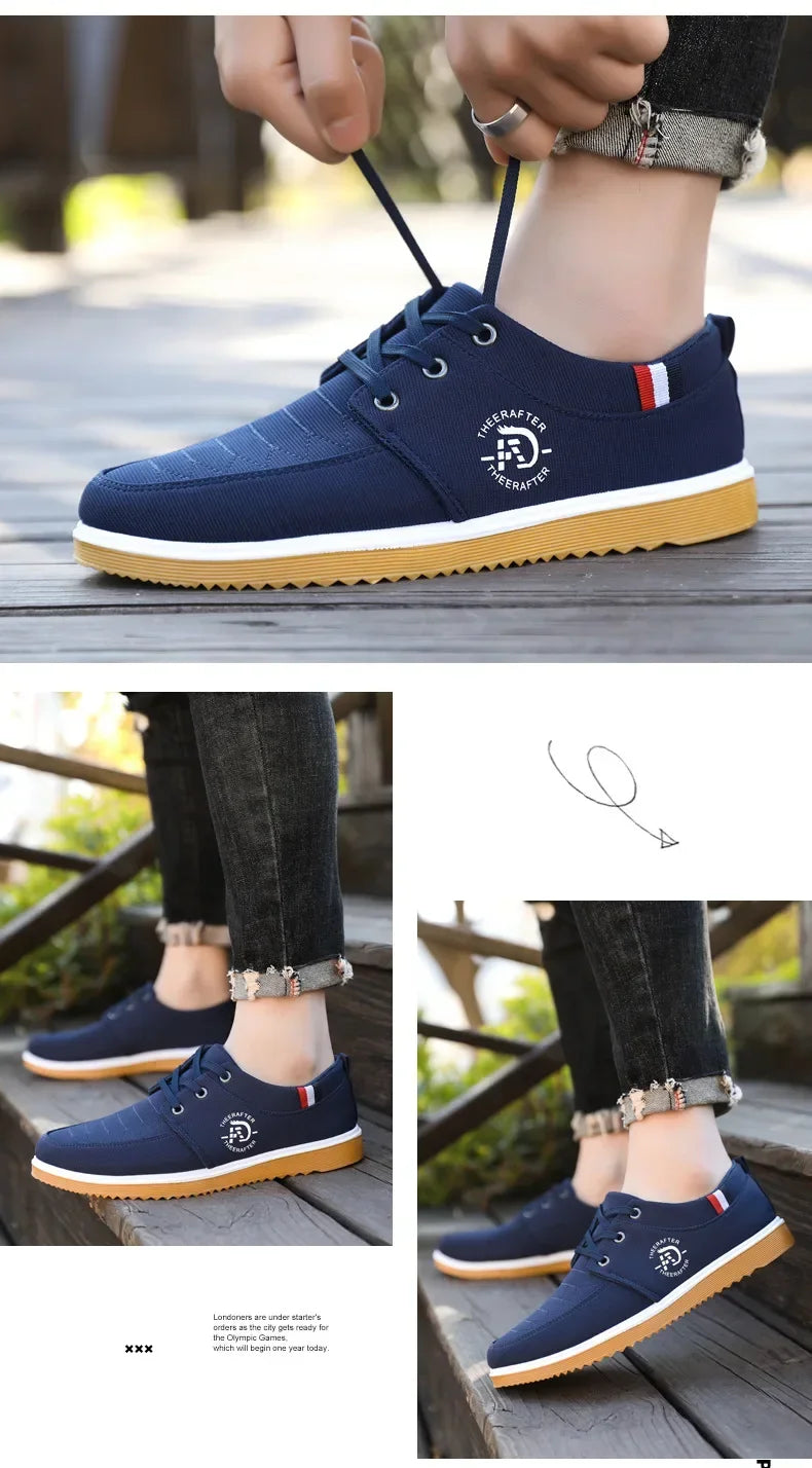 AliExpress casual walking shoes for men in navy blue with white and red accents and tan sole