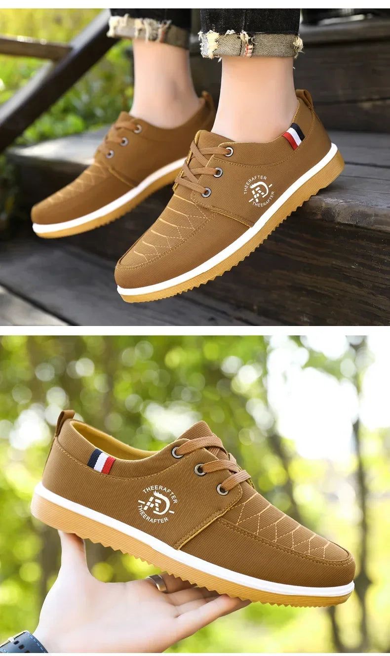 Casual walking shoes for men in brown with white sole and lace-up design.