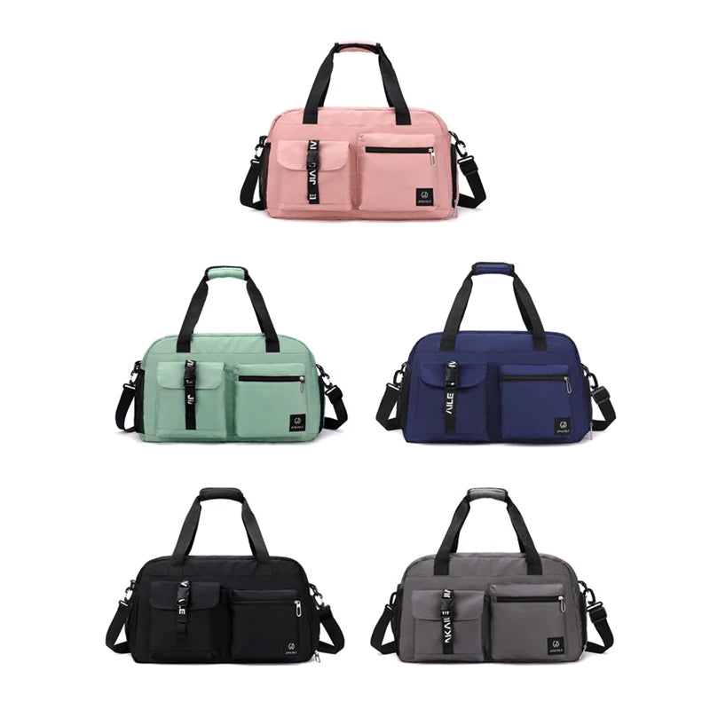 AliExpress women's travel handbag collection in pink green blue black and gray with multiple pockets