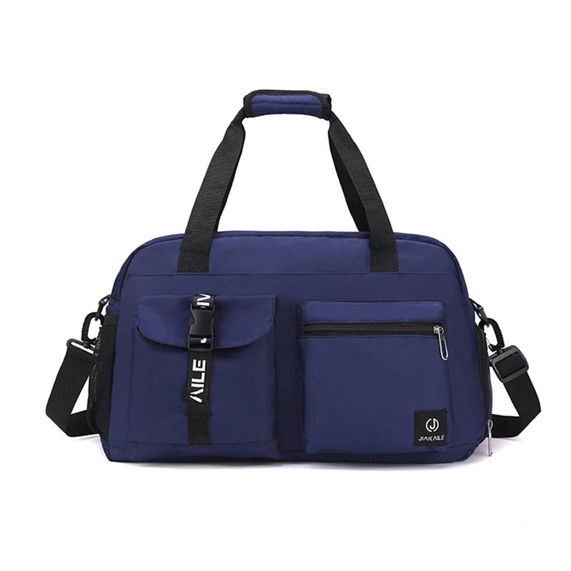 Blue women's travel handbag from AliExpress with multiple front pockets and adjustable straps