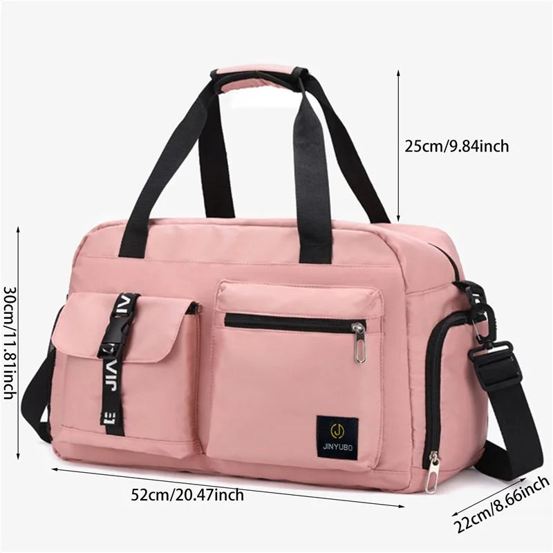 Pink women's travel handbag from AliExpress with multiple pockets and black handles
