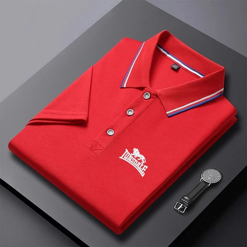 AliExpress men's solid color polo shirt in red with striped collar and button placket
