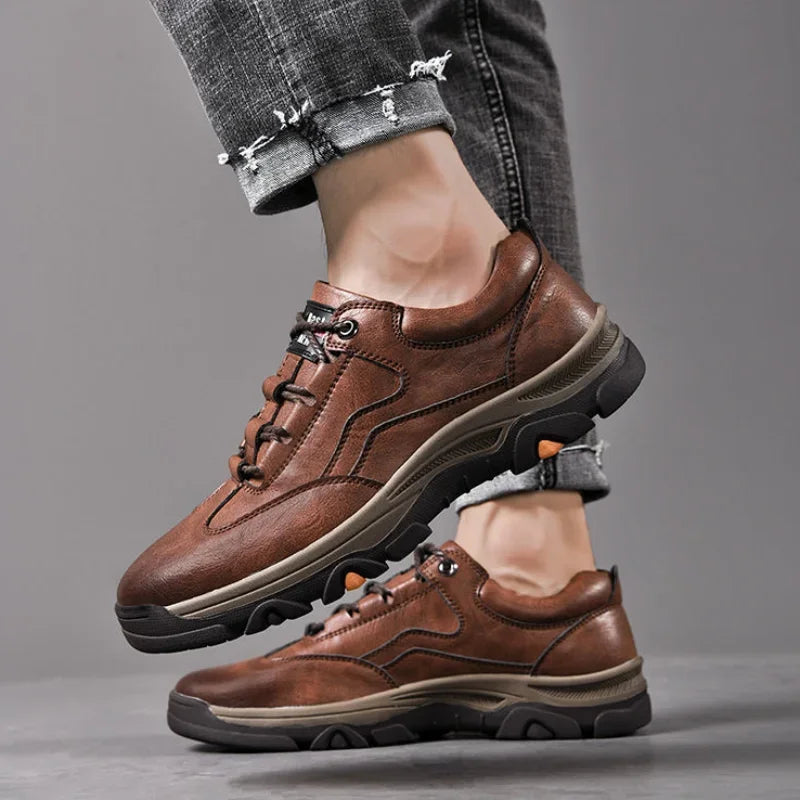 AliExpress men's casual outdoor sneakers in brown leather with rugged sole and lace-up design