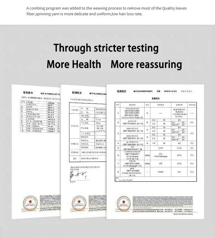 Quality testing certificates showcasing the health and safety standards for pure cotton bath towels