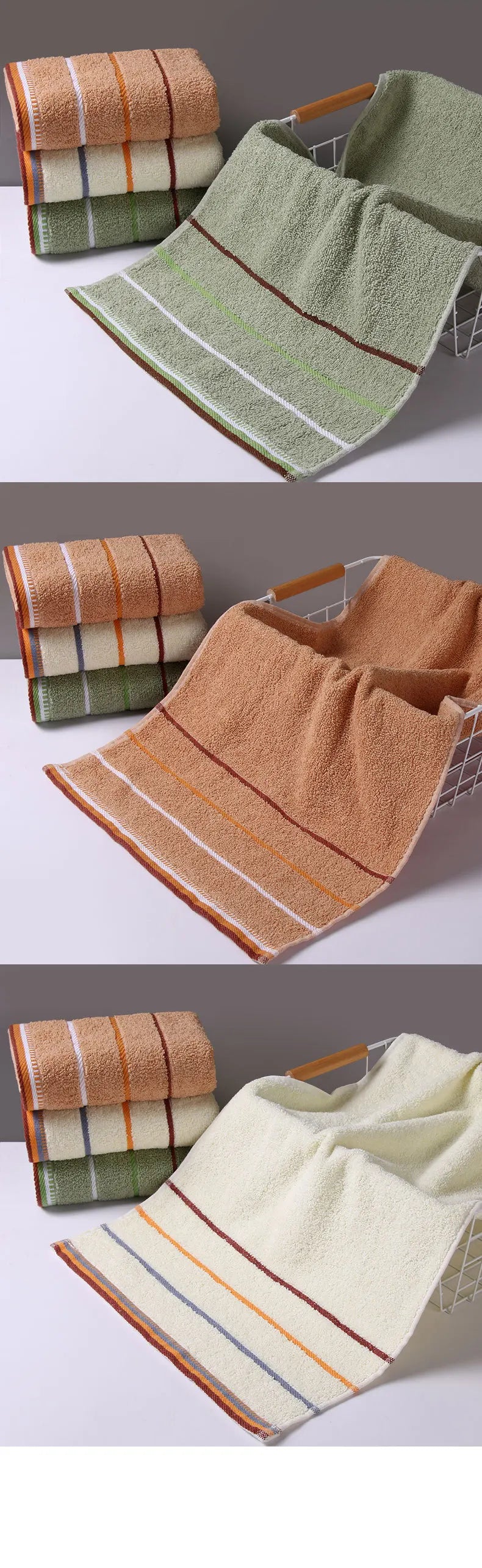 AliExpress pure cotton bath towels in green, orange, and cream with striped edges neatly folded