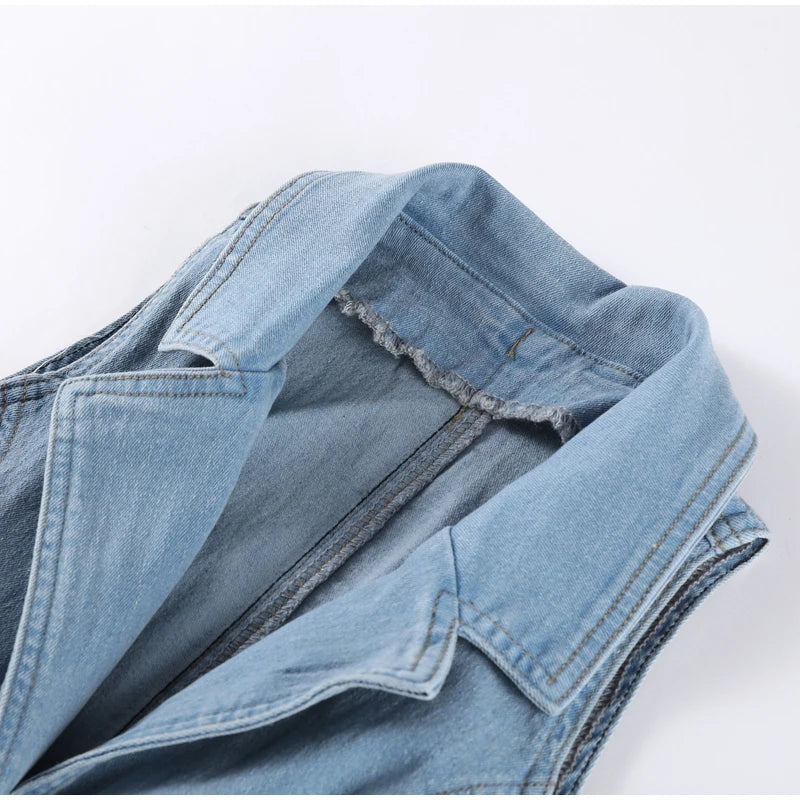 Close-up of light blue denim collar and stitching on Maxim Trends women's jean long dress
