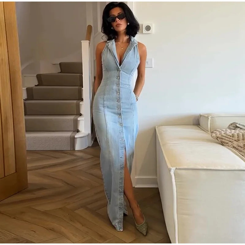Maxim Trends women's jean long dress with button-down front and sleeveless design worn indoors