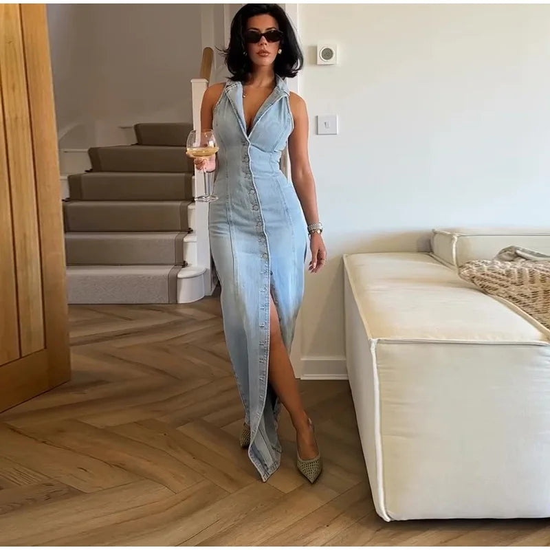 Maxim Trends women's jean long dress in light blue denim with button front and collar neckline