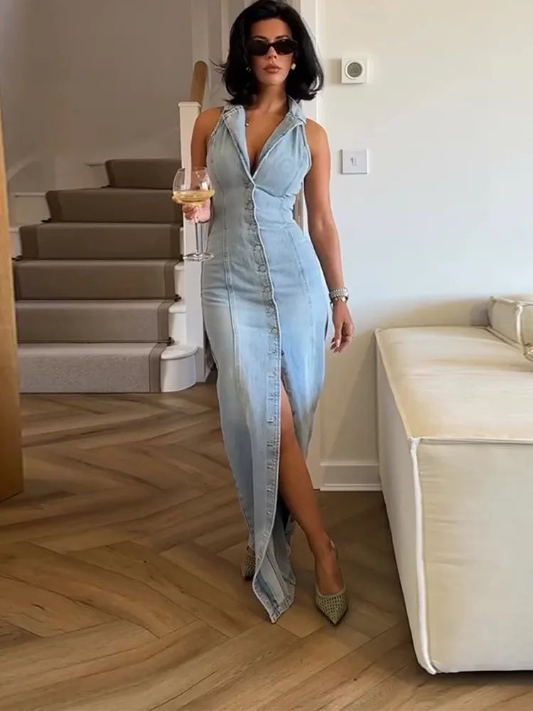 Maxim Trends women's jean long dress sleeveless button front design with side slit styled with sunglasses and heels