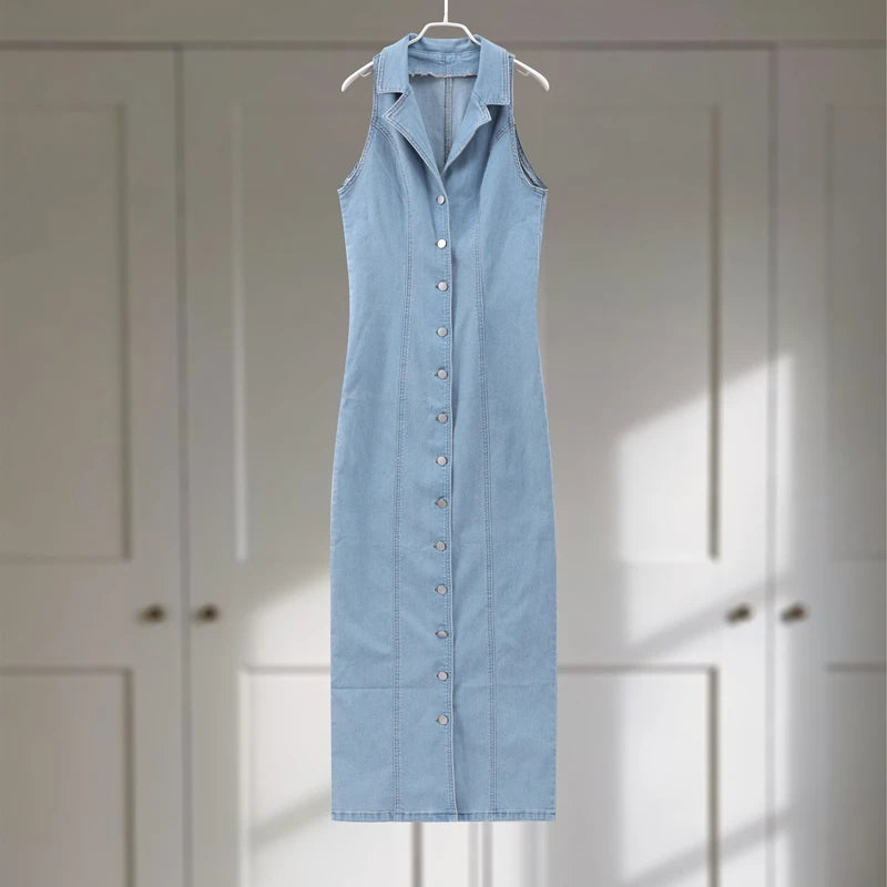 Maxim Trends sleeveless button-up women's jean long dress in light blue denim hanging on white hanger