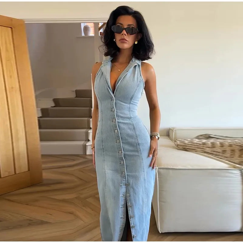 Maxim Trends sleeveless women's jean long dress with front buttons and collared neckline