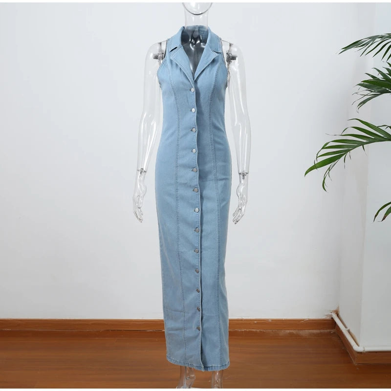 Maxim Trends women's jean long dress in light blue denim with button-down front and sleeveless collar