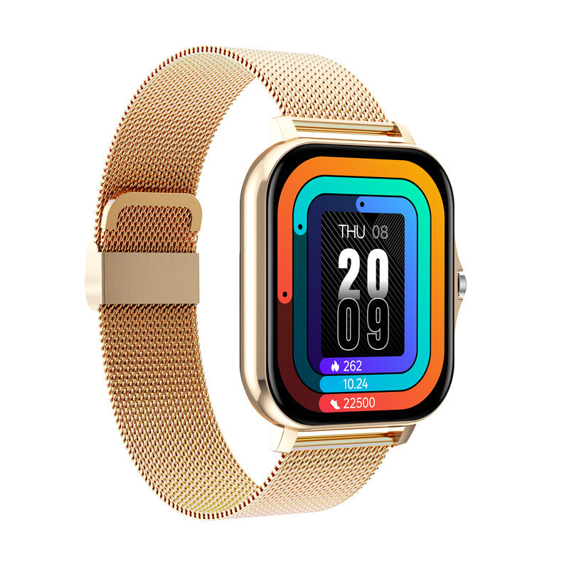Y13 smart watch with heart rate monitor gold mesh band and colorful digital display