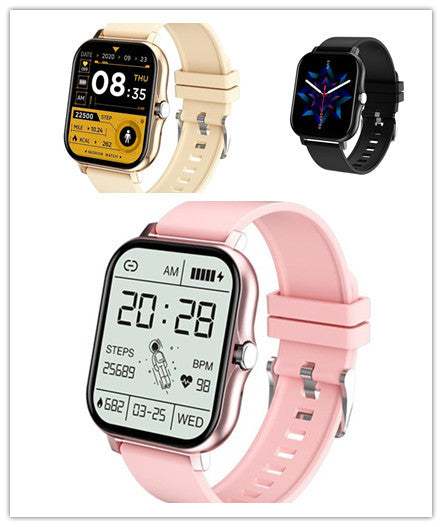 Y13 smart watch with heart rate monitor in beige black and pink bands showing fitness tracking and time display