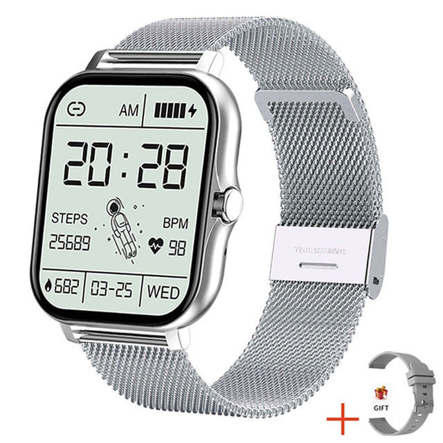 Y13 smart watch with heart rate monitor in silver with mesh band and step counter display