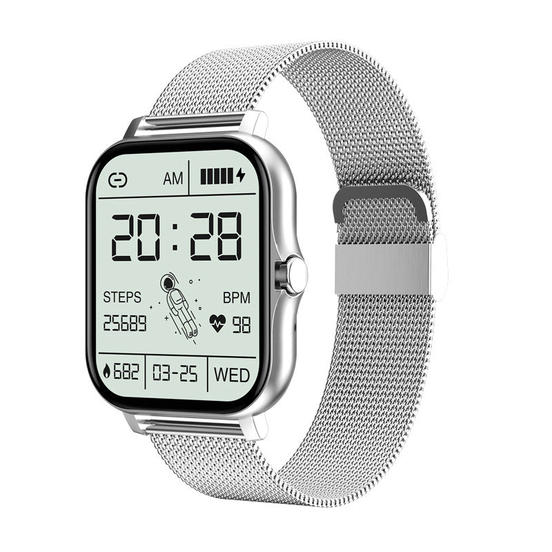 Y13 smart watch with heart rate monitor in silver with mesh band and digital fitness display