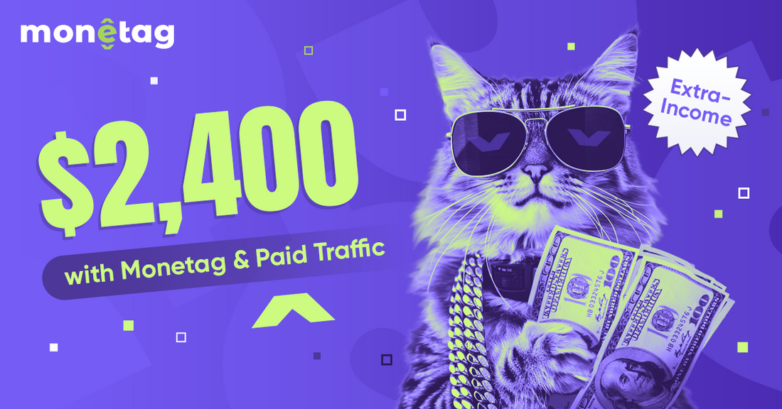 Cat wearing sunglasses and gold chains holding cash illustrating how to earn passive income with Monetag