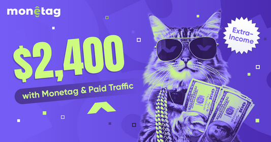Cat wearing sunglasses and gold chains holding cash illustrating how to earn passive income with Monetag