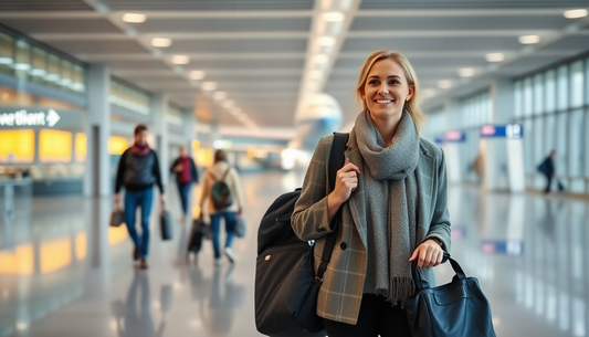 Modern traveler walking confidently through a bright, clean airport with minimal luggage, smiling, with airplane in background, soft lighting, calm atmosphere, professional and lifestyle blog aesthetic, horizontal orientation, high resolution