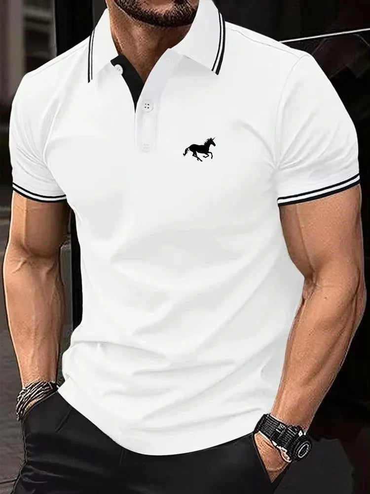 Trendy men's clothing white polo shirt with black trim and embroidered horse logo on chest