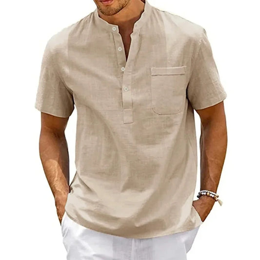 Cotton Linen Henley T-Shirt – Short Sleeve Beach Style