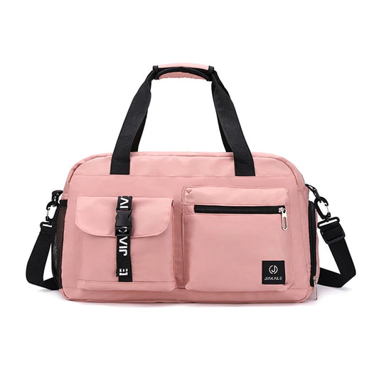 Pink women's travel handbag with multiple front pockets and black adjustable straps from AliExpress
