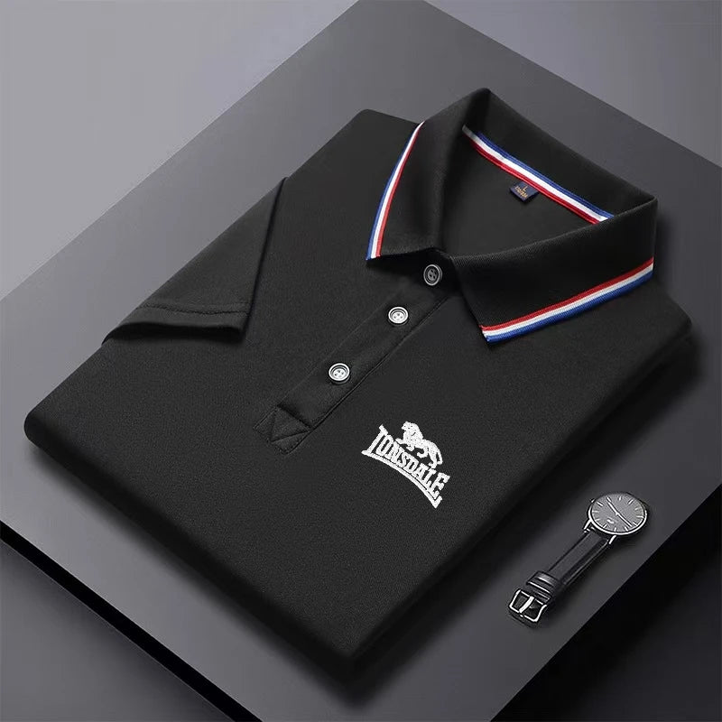 Men's solid color polo shirt in black with striped collar and button placket from AliExpress