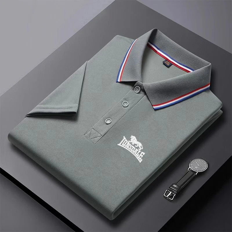 Men's solid color polo shirt in gray with tri-color collar stripes and Lonsdale logo from AliExpress