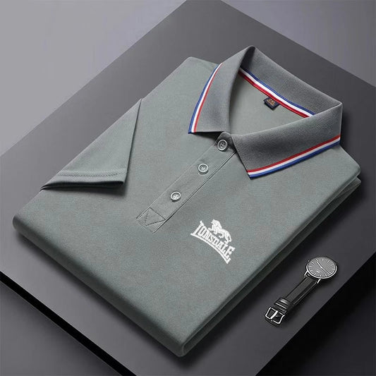 Men's solid color polo shirt in gray with tri-color collar stripes and Lonsdale logo from AliExpress