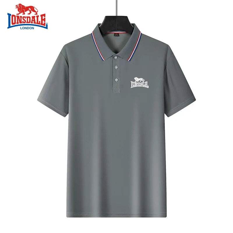 AliExpress men's solid color polo shirt in gray with short sleeves and logo on chest