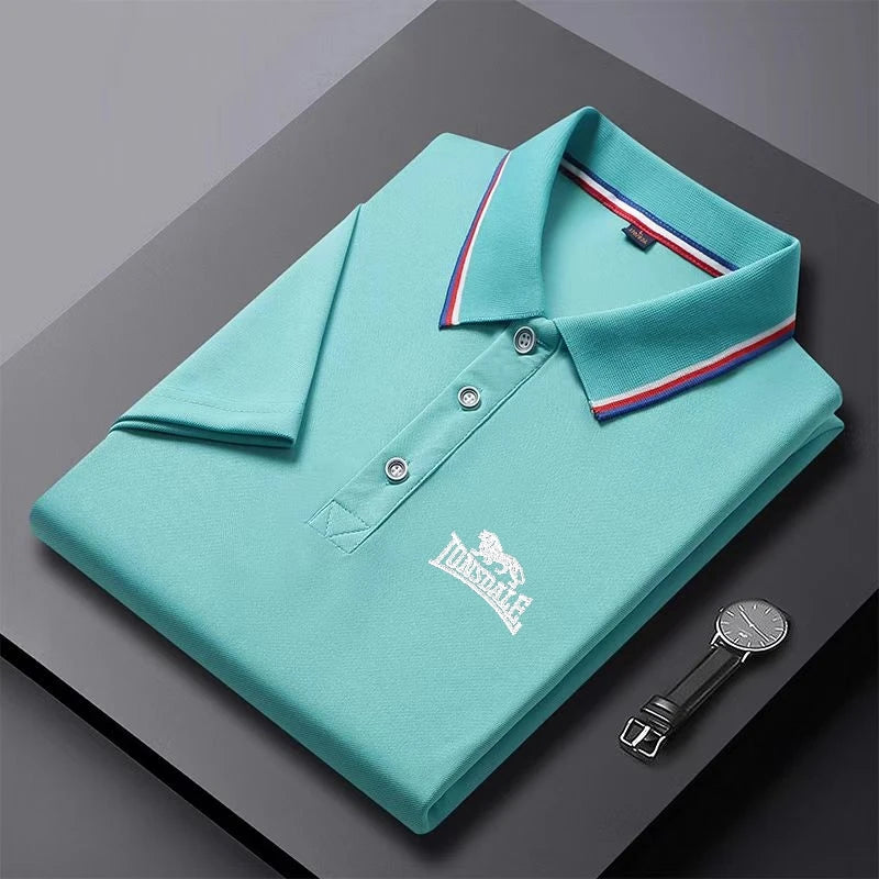 AliExpress men's solid color polo shirt in light teal with button-up collar and logo embroidery