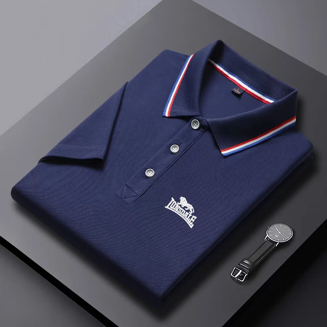 AliExpress men's solid color polo shirt in navy blue with red white striped collar and buttons