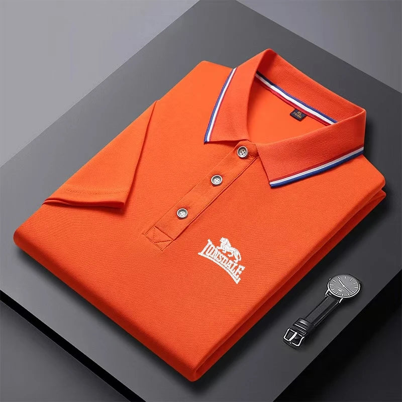 AliExpress men's solid color polo shirt in orange with white and blue collar stripes folded neatly