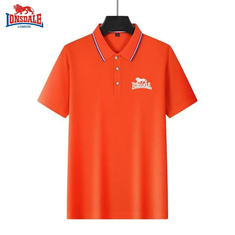 AliExpress men's solid color polo shirt in vibrant orange with white logo and striped collar