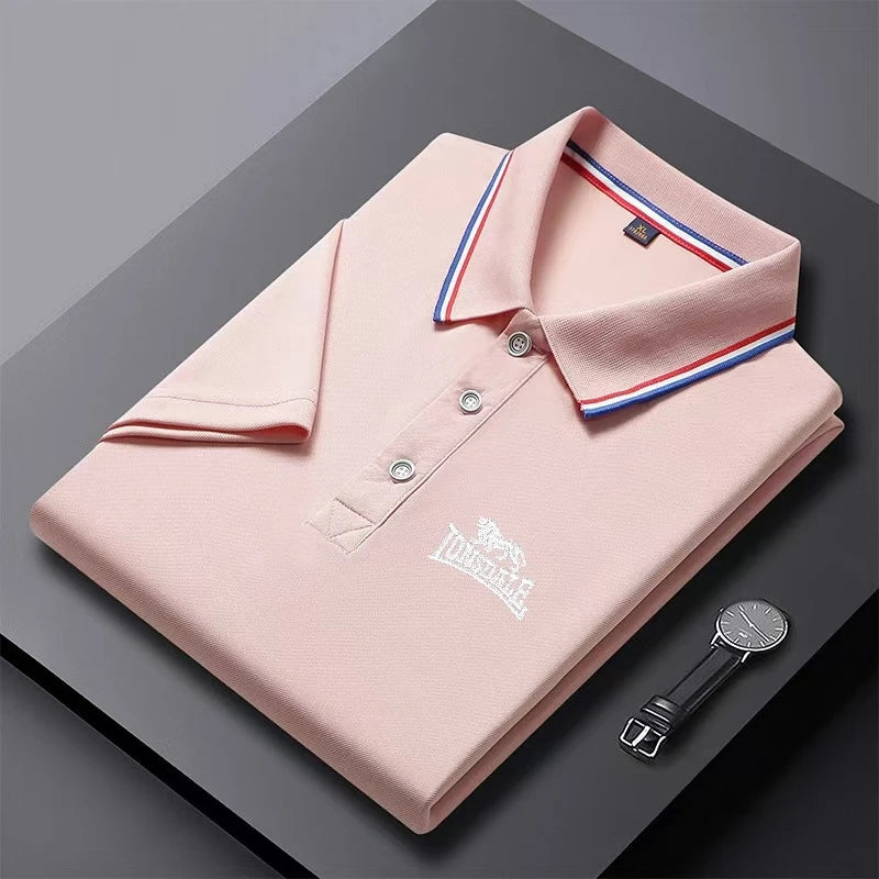 AliExpress men's solid color polo shirt in light pink with striped collar and button placket