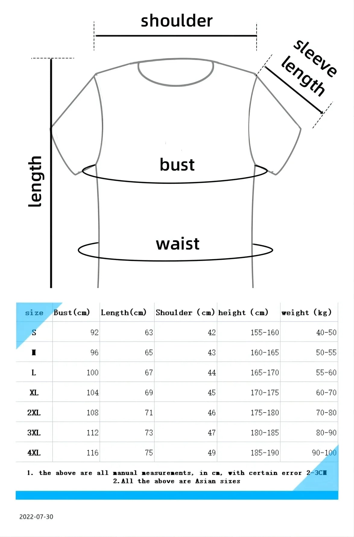 Measurement chart and sizing guide for men's solid color polo shirt with bust length shoulder and sleeve details