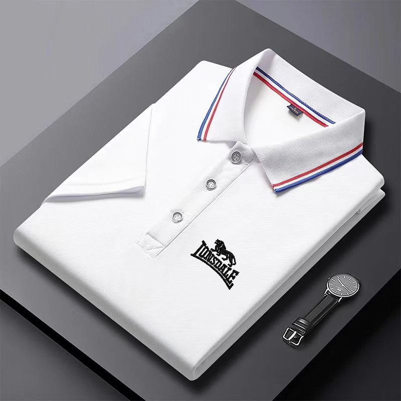 AliExpress men's solid color polo shirt in white with red and blue striped collar and logo