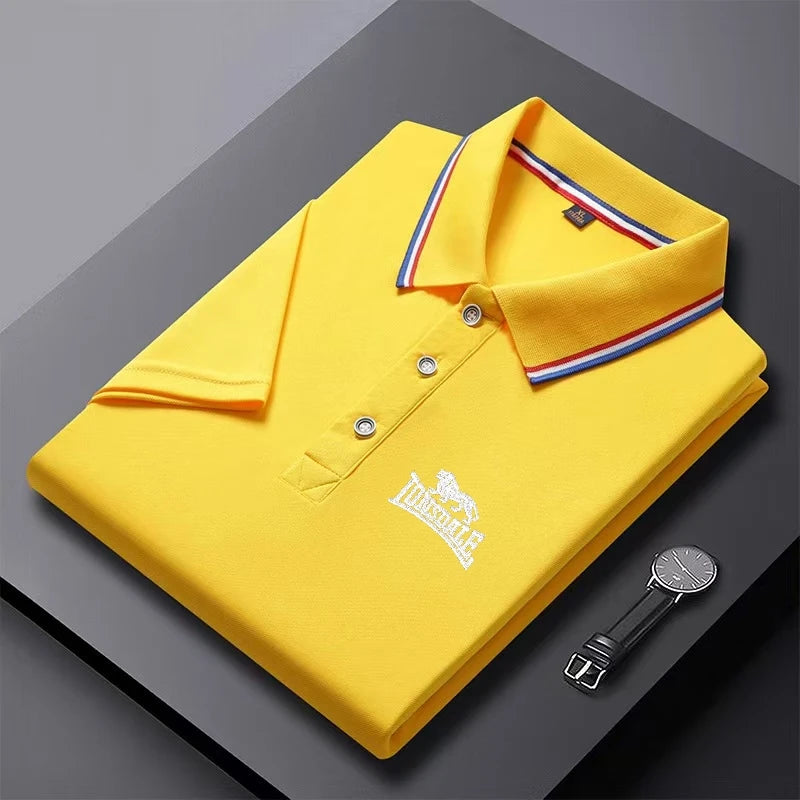 AliExpress men's solid color polo shirt in yellow with striped collar and button placket