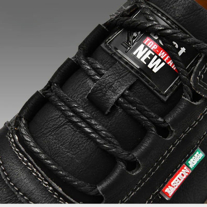 Close-up of black men's casual outdoor sneakers leather upper with detailed stitching and branded tags