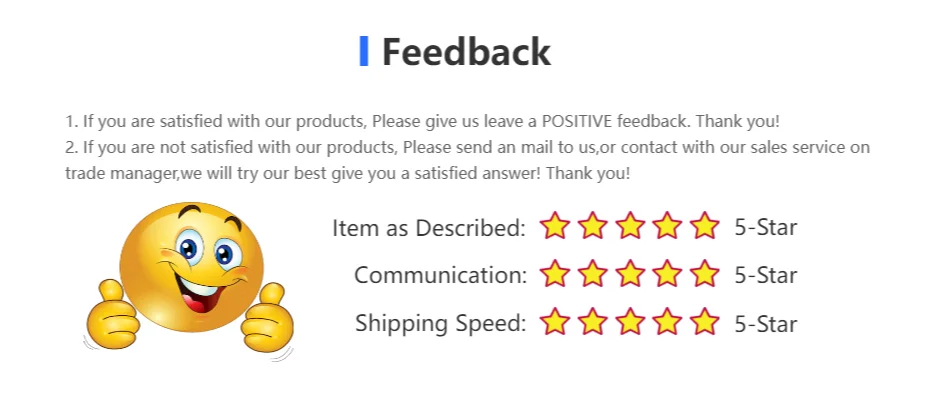 Feedback banner showing 5-star ratings for item as described communication and shipping speed with thumbs up emoji