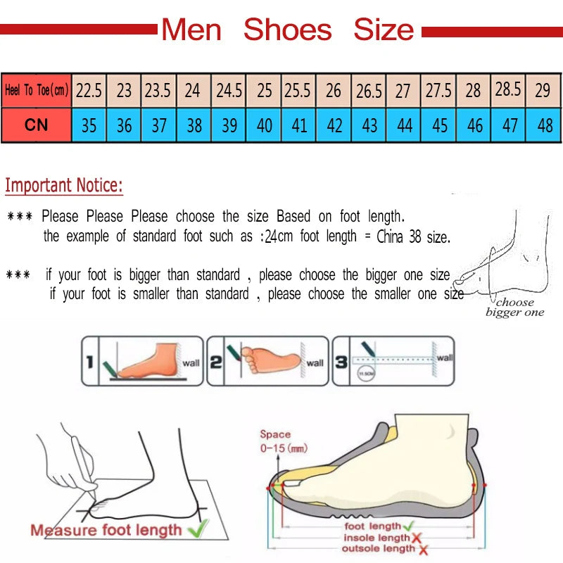 Size chart and foot measurement guide for men's casual outdoor sneakers from AliExpress