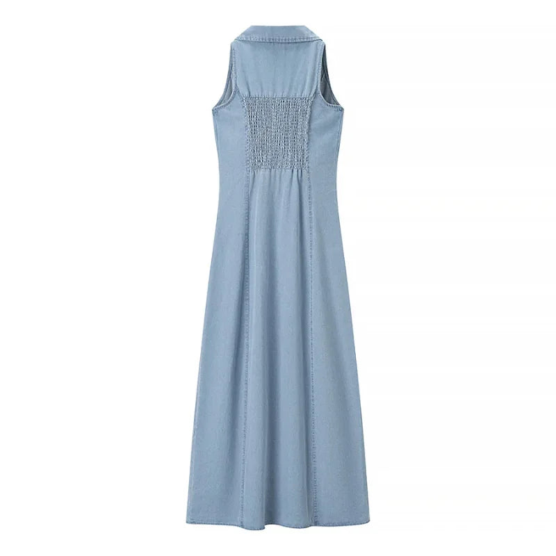 Maxim Trends women's jean long dress in light blue sleeveless denim with smocked back detail