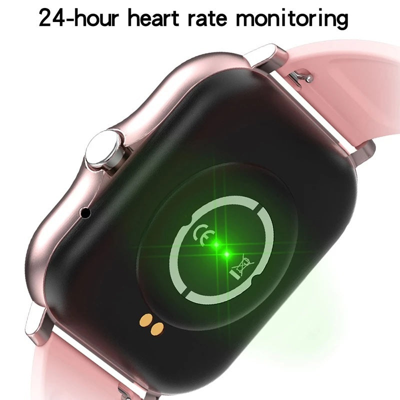 Y13 smart watch with heart rate monitor showing 24-hour heart rate tracking on a pink band