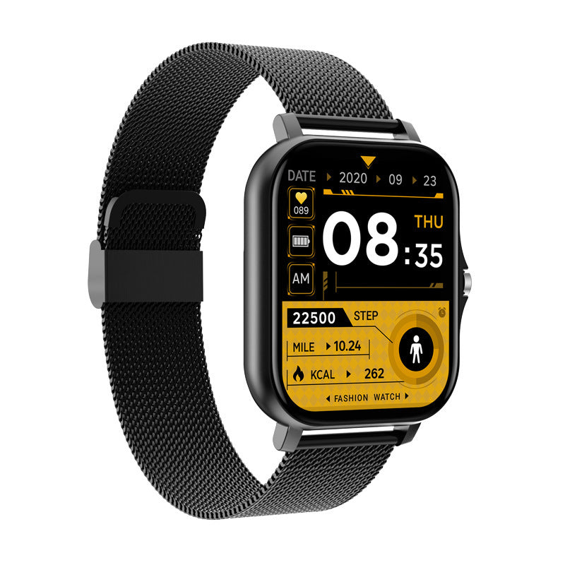 Y13 smart watch with heart rate monitor and black metal mesh band displaying fitness tracking data