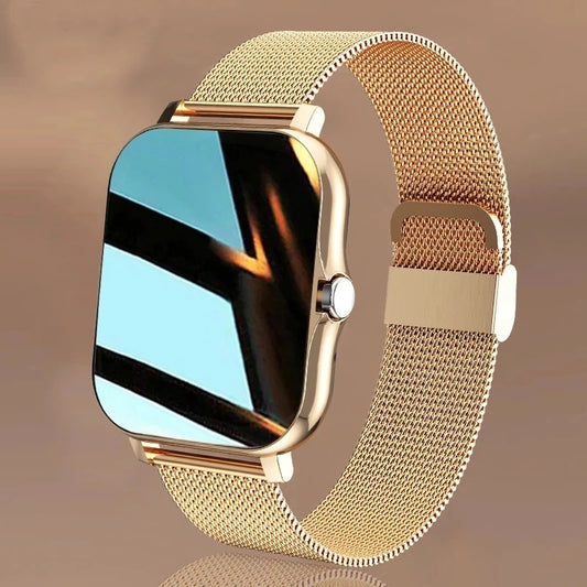 Y13 smart watch with heart rate monitor featuring a gold mesh band and sleek rectangular display